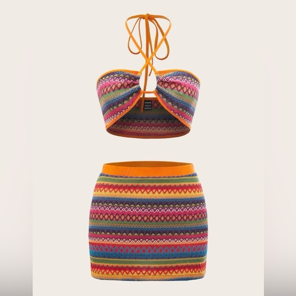 Rainbow Striped Knit Tie Backless Crop Halter Top & Skirt, US Size M, 6 - Picture 2 of 4